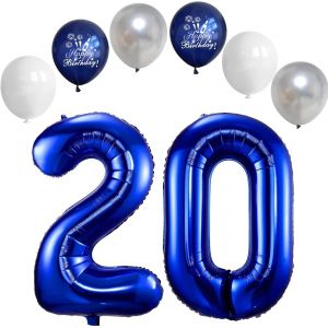 Ballon Anniversaire 20 Ans Bleu Foncé,101 CM Bleu Argent Blanc Latex Ballon Chiffre 20,Décoration Ballons 20 Ans Anniversaire,Foil Helium Ballons Numéro 20 Pour Décoration De Fête - Neuf