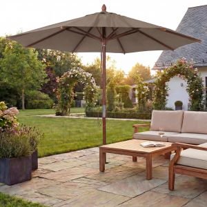 Parasol De Restaurant Hwc-C57b, Parasol De Jardin, Polyester/Bois 14 Kg, Rond &Oslash; 3 M, C&acirc;ble De Traction R&eacute;sistant Aux ChocsTaupe - Neuf