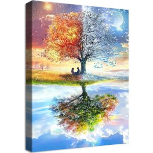 ERYI-Cadre En Bois Impression Sur Toile Quatre Saisons Arbre De Vie Tableau Image Sur Toile Affiche Ciel Bleu Et Nuages Blancs Tableau Decoration Murale Chambre Coucher Salle De Bains Couloir 30X40Cm - Neuf