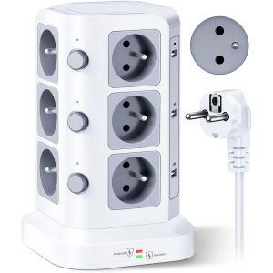 12 Prises 2P+T de Type-E (France) Tour Multiprise avec 6 Ports USB(4000W/16A), Multiprise Electrique parafoudre et surtension, 3 Interrupteur Individuel, 2M C&acirc;ble, Blanc - Neuf