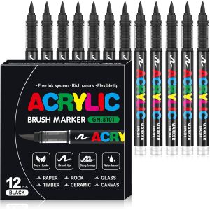 Mevronisshop-Feutre Acrylique Noir, 12 Marqueur Acrylique, Liquide Direct Acrylic Paint Marker, Stylo Acrylic Pour Coloriage, Calligraphie, Bois, Pierre, Toile, C&eacute;ramiqu - Neuf