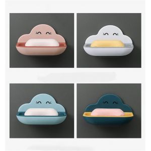 Porte-savon mural en plastique double couche, amovible pour un nettoyage facile, 4 pièces, forme nuage (bleu, rose, blanc, bleu foncé) - Neuf