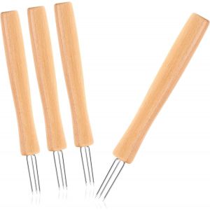 4 Pcs Fourchette à pommes de terre avec 3 dents (bois long), en acier inoxydable 430 et bois de hêtre, réutilisables, extra larges, brochettes de maïs ergonomiques - Neuf
