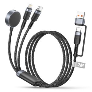 TRAHOO-3 en 2 C&acirc;ble pour Apple Watch et iPhone, 2M Chargeur Apple Watch pour iWatch Serie 11/10/9/8/7/6/5/4/SE/Ultra, USB C Chargeur iWatch avec port Lightning/USB C pour iPhone 17/16/15/14/13/12/11 - Neuf