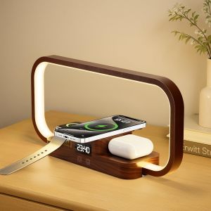 KALANKA-3-en-1 Lampe de Chevet avec Chargeur sans Fil & Port USB, Lampe Table Dimmable 5 Couleurs &agrave; Commande Tactile, Station de Charge pour Pods, Montre & Smartphone pour Chambre (Marron) - Neuf