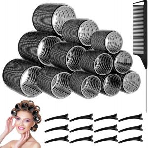 KAL-Bigoudis Cheveux, 31 Pièces Rouleau Cheveux, Gros Bigoudis Cheveux, 3 Tailles (64Mm 48Mm 36Mm) Rouleaux Cheveux Avec 12 Pinces Cheveux, Boucles Sans Chaleur, Bigoudis Cheveux Long & Court-Noir - Neuf