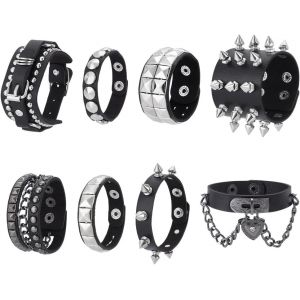 Kal-8 Bracelet Clout&eacute; &Agrave; Pointes Bracelet Noir Punk Rivet&eacute; Bracelets En Cuir Pu Bracelets Manchette Gothique R&eacute;glable Pour Hommes Femmes Unisexe F&ecirc;te Bo&icirc;te De Nuit Halloween No&euml;l Accessoires - Neuf