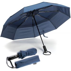 Parapluie De Voyage Coupe-Vent &Agrave; Double Toile - Rev&ecirc;tement En T&eacute;flon, Poign&eacute;e Ergonomique Et Housse De Protection - Design Compact, Pliable, L&eacute;ger Et Haute R&eacute;sistance Au Vent (Vert For&ecirc;t) - Neuf