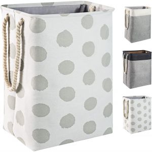 MEVRONISSHOP-Grand panier &agrave; linge pliable en lin avec poign&eacute;es pour chambre &agrave; coucher, buanderie, salle de bain 60 x 42 x 31 cm Blanc+Tache Grise - Neuf