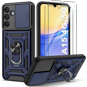 Kalanka-Coque Compatible Avec Samsung Galaxy A15 4g/5g Avec 2 Verre Trempé, Lentille Coulissante Couverture, Support 360° Rotatif Militaire Pc Dur Renforcée Armor Antichoc Bumper Housse Etui - Bleu - Neuf