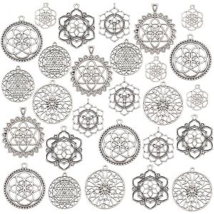 Kal-8pcs Breloques Fleur De Vie 7 Styles Charmes De Fleurs Tibétaines Pendentifs Breloques En Argent Antique Pendentifs De Fleurs Creuses Pour Collier Bracelet Bijoux Porte-Clés - Neuf