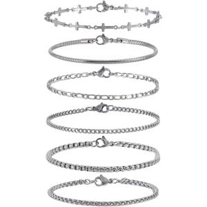 Kal-Lot De 6 Bracelets À Chaîne En Acier Inoxydable De 17,7 À 20,3 Cm - Boîte À Serpent - Blé - Figaro - Avec Fermoirs Mousquetons - Pour Homme Et Femme - Neuf