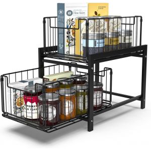 MEVRONISSHOP-Rangement sous évier à 2 Niveaux, Rangements sous Evier 2 Niveaux Organisateur Coulissant, Organisateur de Cuisine avec Tiroirs Coulissants, Panier de Rangement Coulissant en métal. - Neuf