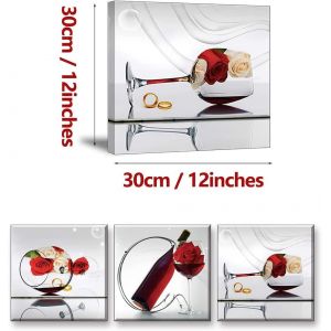 3X Tableau De Verre &Agrave; Vin Rouge Avec Fleur De Roses - Impression Sur Toile - Photo Avec Cadre Pr&ecirc;t Accrocher Image Pour Salle De Bain Chambre D&eacute;cor Mural Cadeau 30X30Cm Chez - Neuf