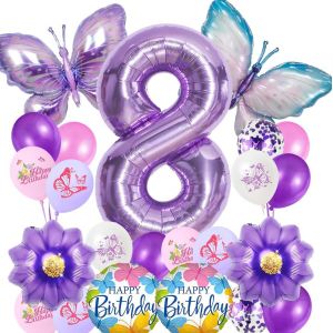 SJZG-Ballon Papillon 8 &Egrave;me Anniversaire Fille,Anniversaire Fille 8 Ans,Ballons Anniversaire,Ballon Transparent Violet Papillon,D&eacute;coration De F&ecirc;te D'Anniversaire Pour Enfants - Neuf