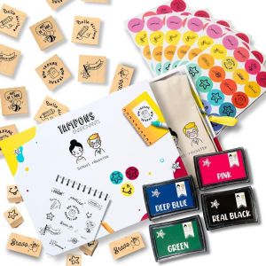 ERYI-Tampons Enseignants Français, Boîte De 13 Tampon Enseignant Motivation Avec Ses Gommettes Offertes Et Encreurs 4 Couleurs. Spécial Cadeau Institutrice, Professeur, Maîtresse, Maître. - Neuf