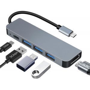Hub USB C HDMI 4K PD 100W Charge, Multi Data Ports 5Gbps 5 en 1 Dock USB-C, Hub USBC Adaptateur Multiport Compatible pour MacBook Pro/Air,iMac,iPhone 16 15 Plus Pro Max, Samsung Galaxy - Neuf