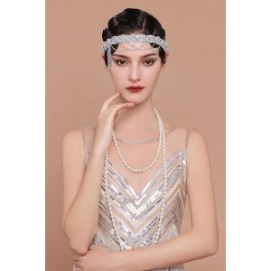 Tzf-Bandeau Gatsby Années 1920 - Style Vintage Années 20 - Avec Strass - Accessoires Pour Cheveux De Mariage, Bal De Fin D'année, Pour Femme - Argenté - Neuf