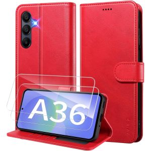 AEFJ-Coque pour Samsung Galaxy A36 5G Etui Coque avec 2 Verre Tremp&eacute; Porte Carte Clapet &agrave; Rabat Portefeuille Cuir Case Housse Protection Flip Cover &Eacute;tui Coque pour Samsung Galaxy A36 5G,Rose - Neuf