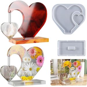Resine Epoxy Moule Siliconeensemble Moule Coeur Resine Epoxy 6,96in Avec Base De Moules, Moule Epoxy En Silicone Pour Bricolage, Carte Coeur Cadre, D&eacute;coration Cadeau Fait &Agrave; La Main - Neuf