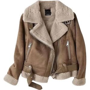Veste De Motard Pour Femme Veste Polaire En Fausse Fourrure Manteau À Revers En Daim Veste À Manches Longues Épais Café - Neuf