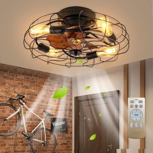 Ventilateur De Plafond Avec Éclairage E27 Ampoule Rétro Ventilateur Plafonnier Avec Télécommande 6 Niveaux De Vitesse Du Vent Lumière Réglable Avec Ventilateur Salon Chambre Salle [VEN751128] - Neuf