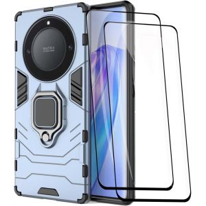 Kal-Coque Pour Honor X9a / Magic5 Lite 5g (Magic 5 Lite 5g) + 2 Verre Trempé, Antichoc Housse Protection Etui Ave Anneau Rotation De 360 ° Degres, Pc/Tpu Bumper Armor Protection Case Cover, Bleu - Neuf