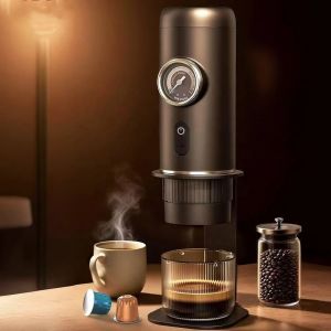 PSS1201C1 &iquest; Macin de caf&eacute; portable avec manom&egrave;tre vintage, 2 en 1 (capsule et caf&eacute; moul&eacute;), 100 W, chauffage &agrave; 88-92 &deg;C, charge sans fil, capacit&eacute; d'extraction de 150 tasses, batterie de 7500 mAh, - Neuf