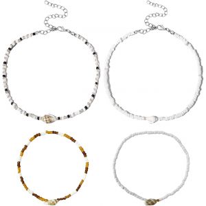 Kal-Colliers De Perles De Riz En Coquillage 2pcs, Bracelets De Cheville En Coquillage 2pcs, Bijoux De Style Boho, Bracelets De Plage R&eacute;tro, Colliers R&eacute;glables, Bijoux De Vacances &Agrave; La Plage - Neuf
