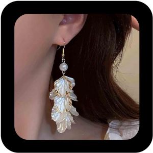 Kal-Boucles D'oreilles Pendantes Vintage Coquille Saint-Jacques Boucles D'oreilles Pendantes Perle Ronde Blanche Or Longue Fleur Perle - Neuf