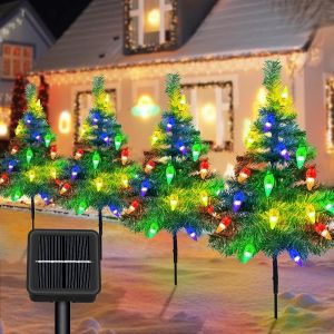 Gjfty-Sapin De Noël Avec Guirlande Lumineuse Solaire, 4 Arbres De Noël Avec Lumières Fraises, Lampes Solaires De Jardin Avec 80 C6led, Lumières De Noël, Décoration De Noël Pour Extérieure Chemin Cour - Neuf