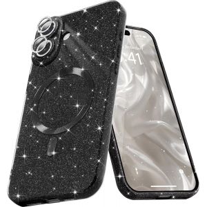 JGD-Coque Magn&eacute;tique pour iPhone 16 Plus Etui &agrave; Paillettes Brillant Compatible avec MagSafe Charge sans Fil Housse de Protection Antichoc pour Appareil Photo Glitter Silicone TPU Souple,Noir - Neuf