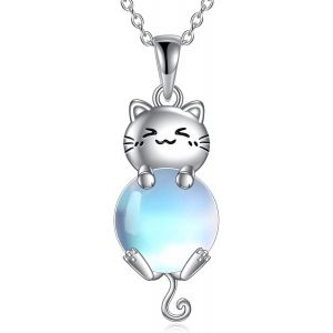 Collier En Argent Sterling,Avec Pendentif Chat En Quartz Rose Et Perle,Cadeau Pour Femmes Et Amoureux Des Chats,Argent Sterling,Pas De Gemme - Neuf