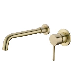 Robinet mitigeur mural &agrave; bec pivotant en laiton or bross&eacute; pour &eacute;vier de salle de bain, 27,2 x 17,4 x 8,4 cm, robinet mural dissimul&eacute; anti-empreintes digitales avec bec de 15 cm et plaque de 60 mm - Neuf