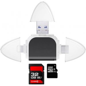 Lecteur de Carte SD, Multi-Port Lecteur de Carte SD Universelle 4 en 1, Micro USB OTG et USB 2.0 Adaptateur, pour SD/Micro SD/TF, Compatible avec Windows, Mac OS, Linux, Android (A) - Neuf