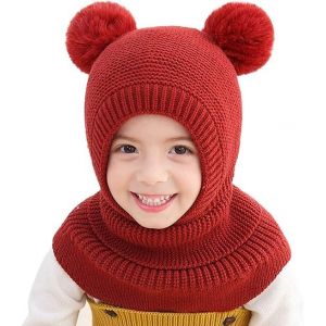 Cagoule Bébé Fille Garçon Mignon Chapeau (Rouge) Écharpe Hiver Chaud Cache-Oreilles Chapeaux Tricotés Pour Enfants Double Pompon Cagoule Cagoule Pour Ski Snowboard - Neuf