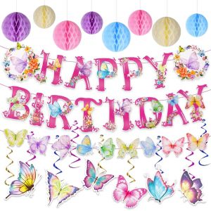 Chicslick-Décorations D'anniversaire Papillons, Bannière Rose « Happy Birthday » Avec Boule En Nid D'abeille, Serpentins À Suspendre, Guirlande De Papillons, Décoration De Fête D'anniversair[X965] - Neuf