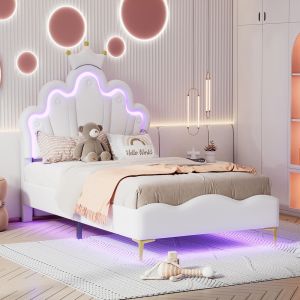 Lit jeune lit 90x200 cm lit princesse en forme de couronne rembourrage en cuir pu souple bande de lumi&egrave;re ambiante led r&eacute;glable blanc - Neuf