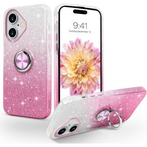 Kal-Coque Iphone 16 6,1 Pouces Avec Anneau Rotatif 360° Support De Voiture Magnétiqu, Paillettes Scintillantes Brillantes Etui Protection À Anti-Rayure Antichoc Housse, Dégradé Rose - Neuf
