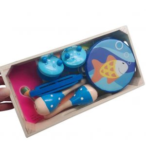 Ensemble De Jouets Educatifs Pour Enfants, Harmonica, Marteau De Sable, Boite En Bois Bleue, 6 Pieces - Neuf