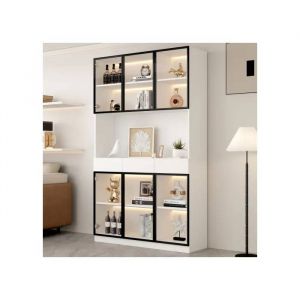Porte De Vitrine 200 Cm De Haut Vitrine Blanche Avec Éclairage Led, Blanc - Cadre De Porte Noir - Neuf