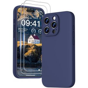 3 En 1 Coque Iphone 15 Pro Max Silicone Liquide - Avec 2 Verre Tremp&eacute; - &Eacute;tui Protection Pr&eacute;cise De Cam&eacute;ra [R&eacute;sistant Aux Rayures] [Antid&eacute;rapant] Iphone 15 Pro Max Case 6.7"", Bleu Marine - Neuf