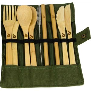 Checarzhn--No1-Couverts De Voyage En Bambou Avec Étui Pour 2 Personnes, Couverts De Camping Durables Et Légers, Couverts En Bambou Réutilisables, Couverts De Voyage, Couteau, Fourchette, Cuillère, Paille, En - Neuf