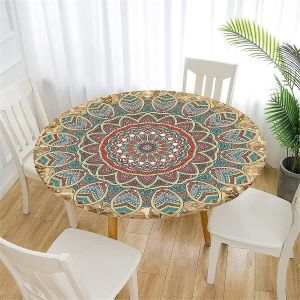 Sjzg-Nappe Exterieur Ronde 90 Cm, Nappes Imperméables Avec Bord Élastique, Jardin Mandala Nappes Polyester Anti Taches Lavable Pour Cuisine Fête Table (Pour Table 70-80cm) - Neuf