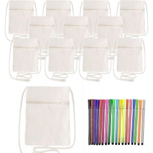 Kalanka-Lot De 12 Sacs En Tissu À Peindre - Petits Sacs À Bandoulière À Peindre - Avec 18 Crayons De Couleur - 17 X 13 Cm - Pour Enfants - À Peindre - Pour L'école, Les Fêtes, Les Cadeaux - Beige, - Neuf