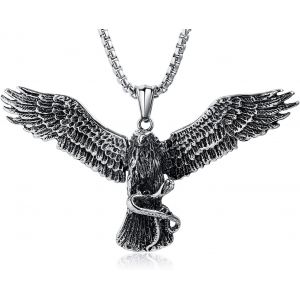 Kal-Collier Punk Pour Homme - Argent - Aigle - Ailes Larges - En Acier Inoxydable - Avec Cha&icirc;ne De 60 Cm, Acier Inoxydable, Pas De Gemme - Neuf