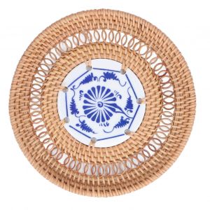 Hjlian Dessous De Verre Rond En Porcelaine Bleu Et Blanc, En Rotin Tresse, Porte-Gobelet En Porcelaine Bleu Et Blanc Pour Tasses A Basilic, Tasses En Rotin, 13 Cm/5,1 Pouces - Neuf