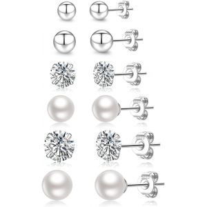 Kal-Lot De 6 Paires De Boucles D'oreilles Clou En Argent Sterling - Hypoallergéniques, Petits Clous En Perle Pour Femmes, Mini Clous En Zircone Cubique Et Boules Pour Femmes Et Hommes, 3 À 6 Mm - Neuf