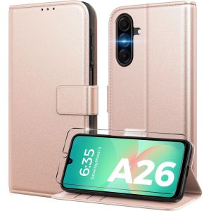 SJZG-Coque Pour Samsung Galaxy A26 5G[ Verre Tremp&eacute; Protection *1 ] [ Blocage Du Signal Rfid ] [ Premium Pu ] [ Pochette De Portefeuille ] Etui &Agrave; Rabat Pour Samsung Galaxy A26-Rose - Neuf