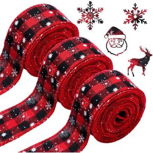3 rouleaux de ruban de No&euml;l en toile de jute rouge et noire &agrave; carreaux pour les cadeaux - Neuf